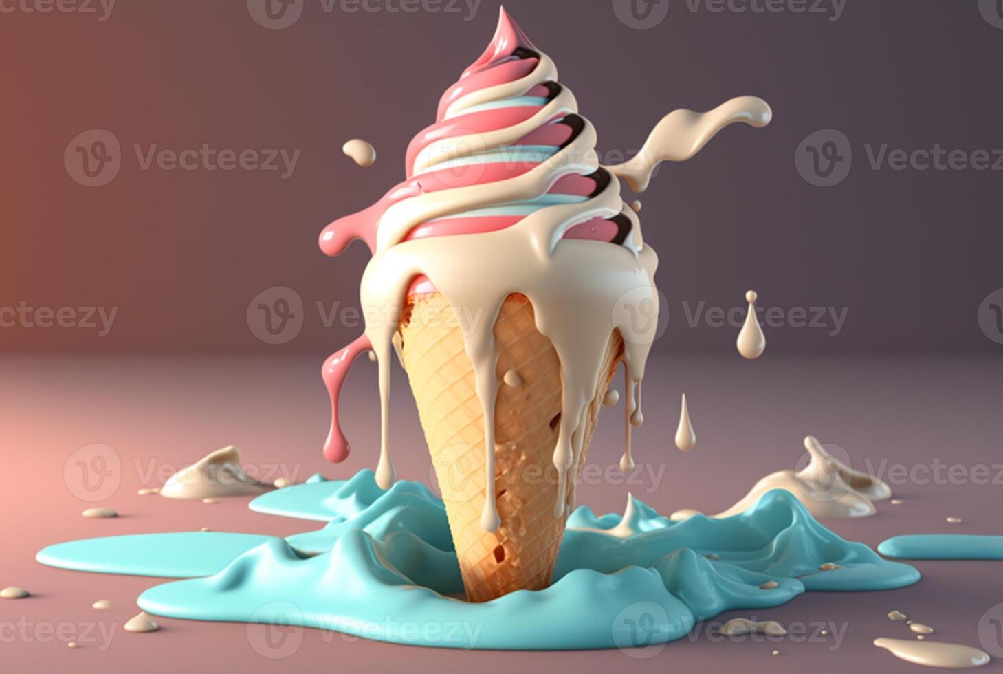 Colorful ice cream splashes, melting ice cream cone. . photo