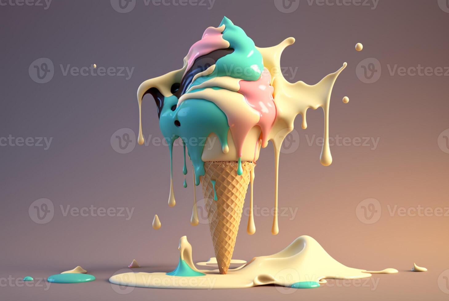 Colorful ice cream splashes, melting ice cream cone. . photo