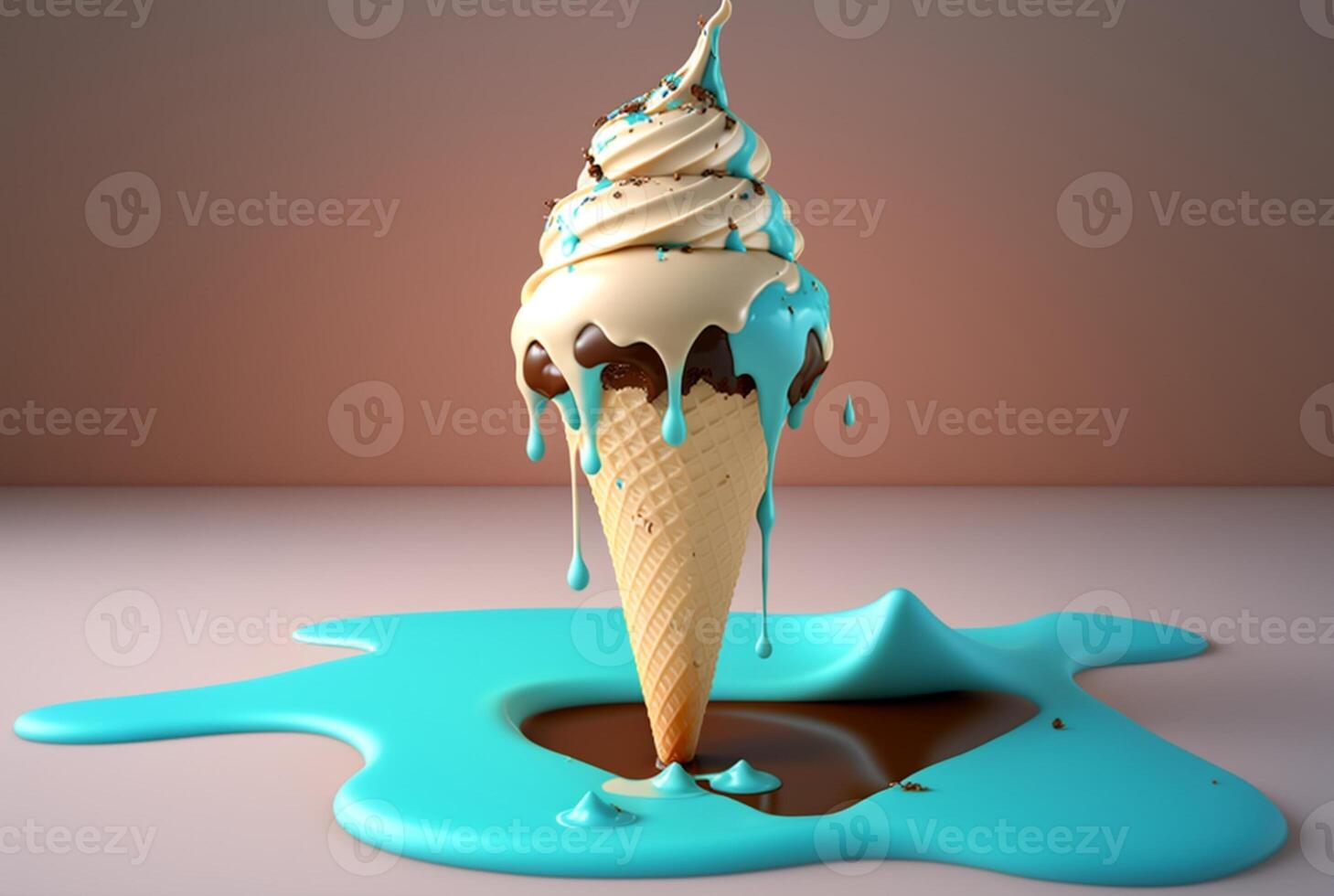 Colorful ice cream splashes, melting ice cream cone. . photo