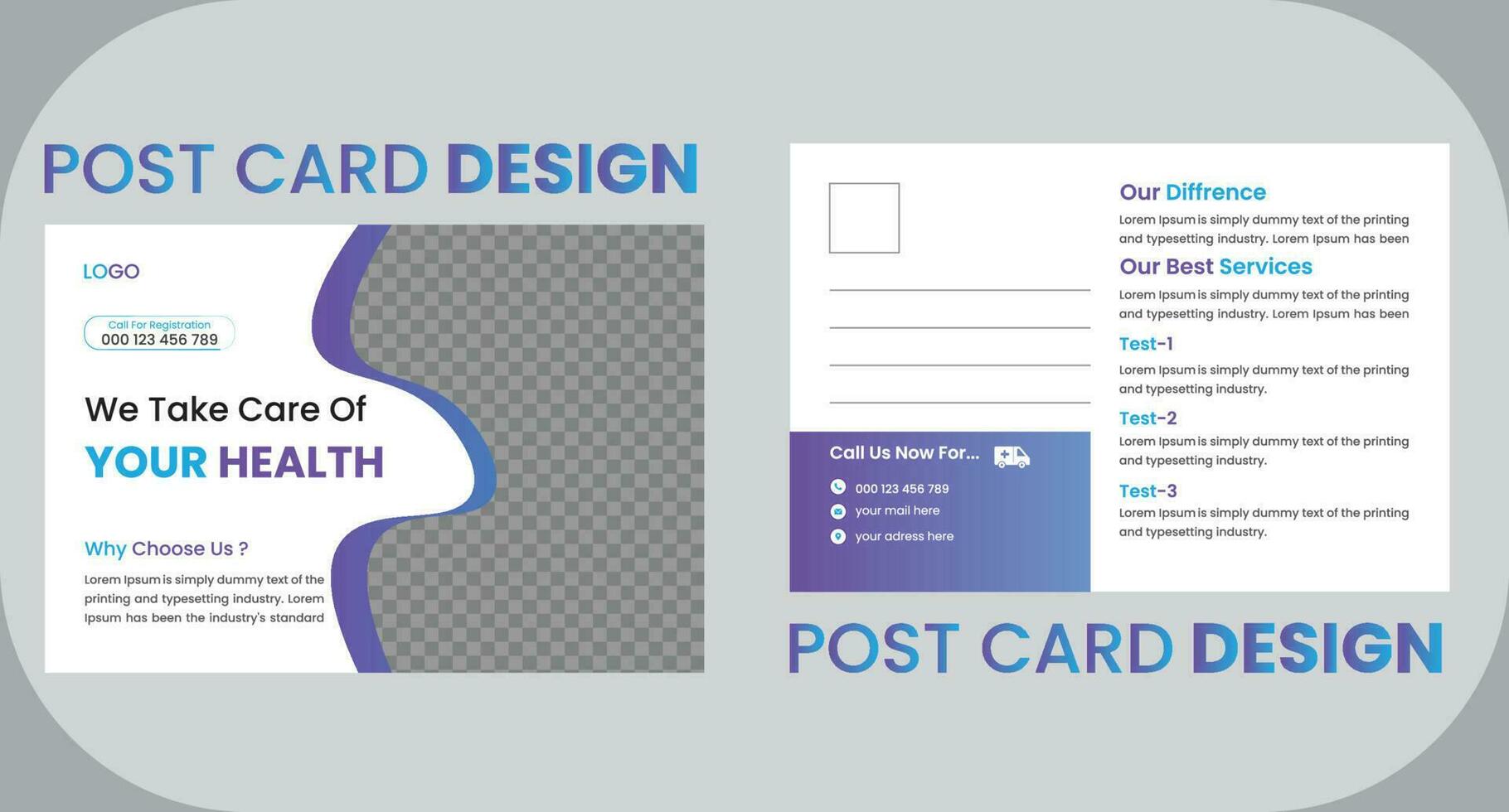 Creative medical postcard template design layout, Medical health care postcard template design. vector