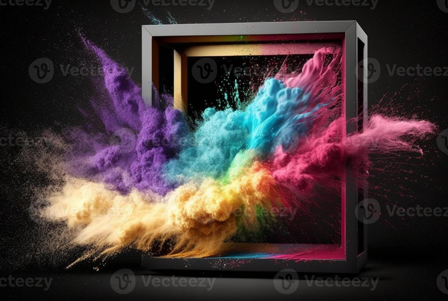 Product display frame with colorful powder paint explosion. photo