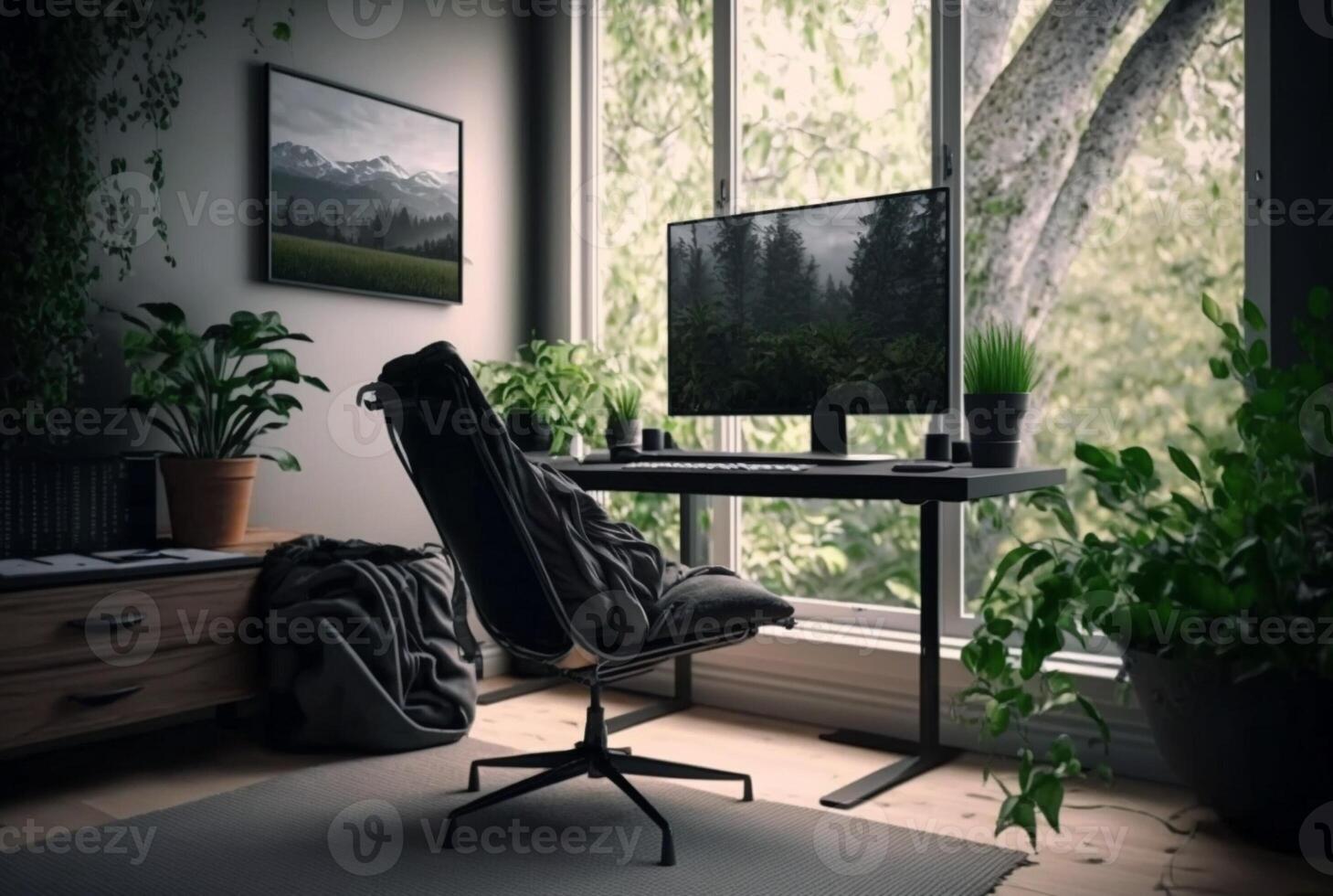 Cozy home office interior featuring furniture, houseplants and large windows to let in natural light. photo