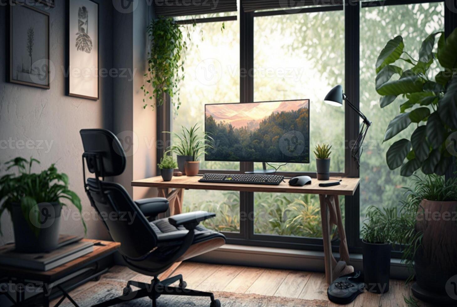 Cozy home office interior featuring furniture, houseplants and large windows to let in natural light. photo