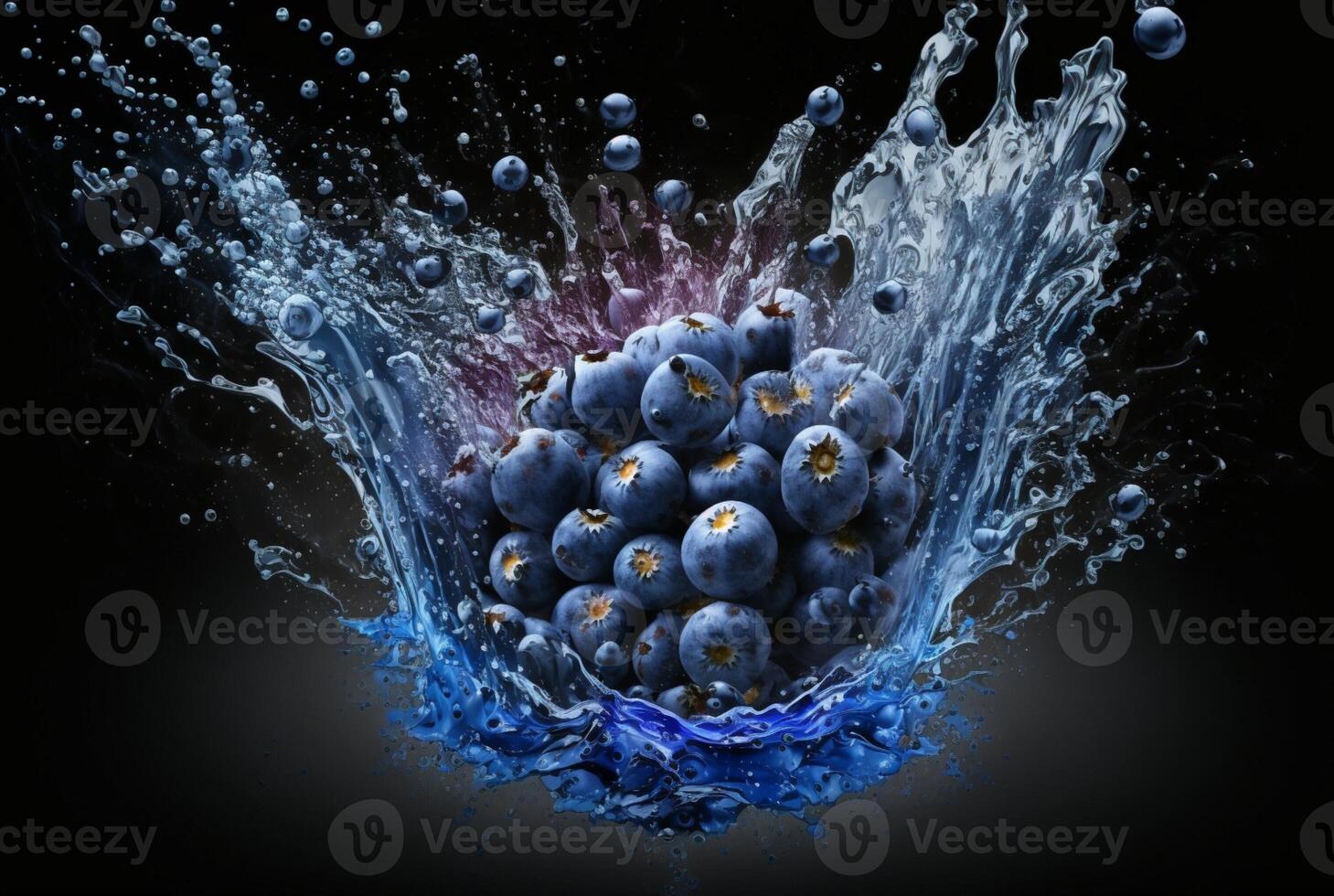 blueberries with water splash isolated on black background. photo