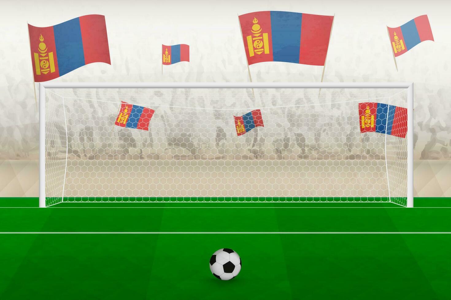 Mongolia football team fans with flags of Mongolia cheering on stadium, penalty kick concept in a soccer match. vector