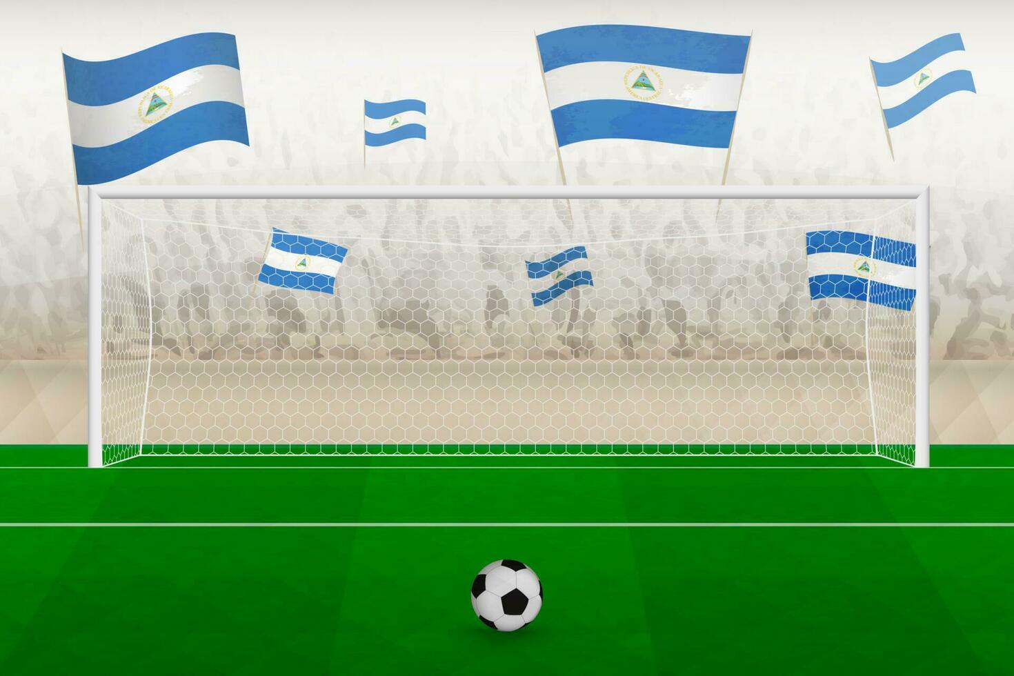 Nicaragua football team fans with flags of Nicaragua cheering on stadium, penalty kick concept in a soccer match. vector