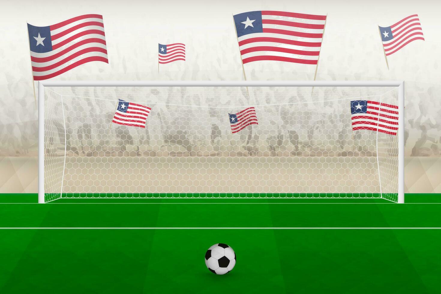 Liberia fútbol americano equipo aficionados con banderas de Liberia aplausos en estadio, multa patada concepto en un fútbol fósforo. vector