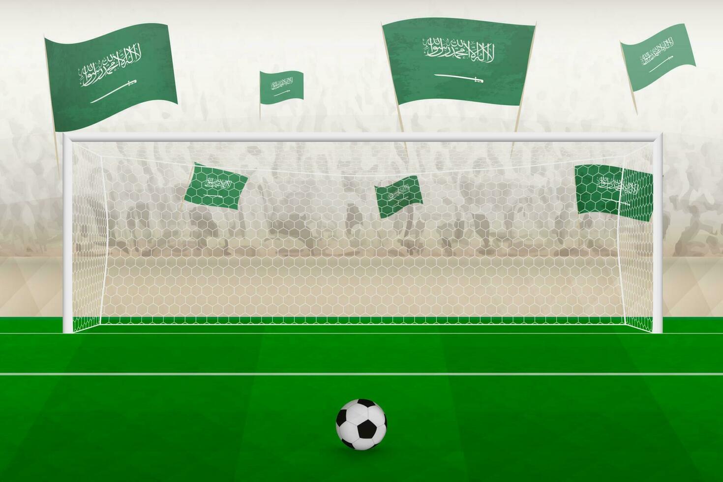 Saudi Arabia football team fans with flags of Saudi Arabia cheering on stadium, penalty kick concept in a soccer match. vector