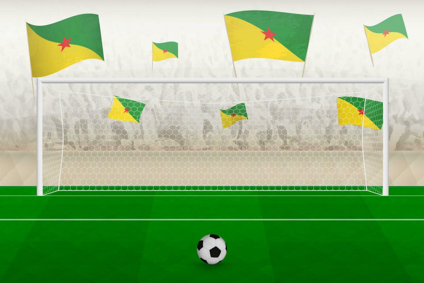 French Guiana football team fans with flags of French Guiana cheering on stadium, penalty kick concept in a soccer match. vector