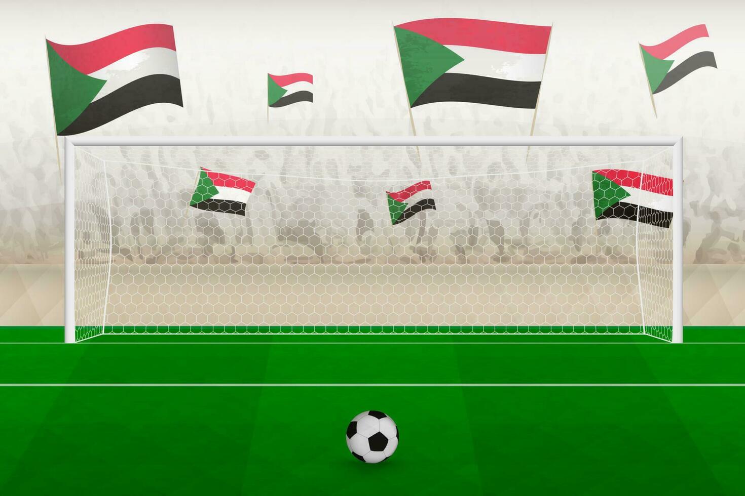 Sudan football team fans with flags of Sudan cheering on stadium, penalty kick concept in a soccer match. vector