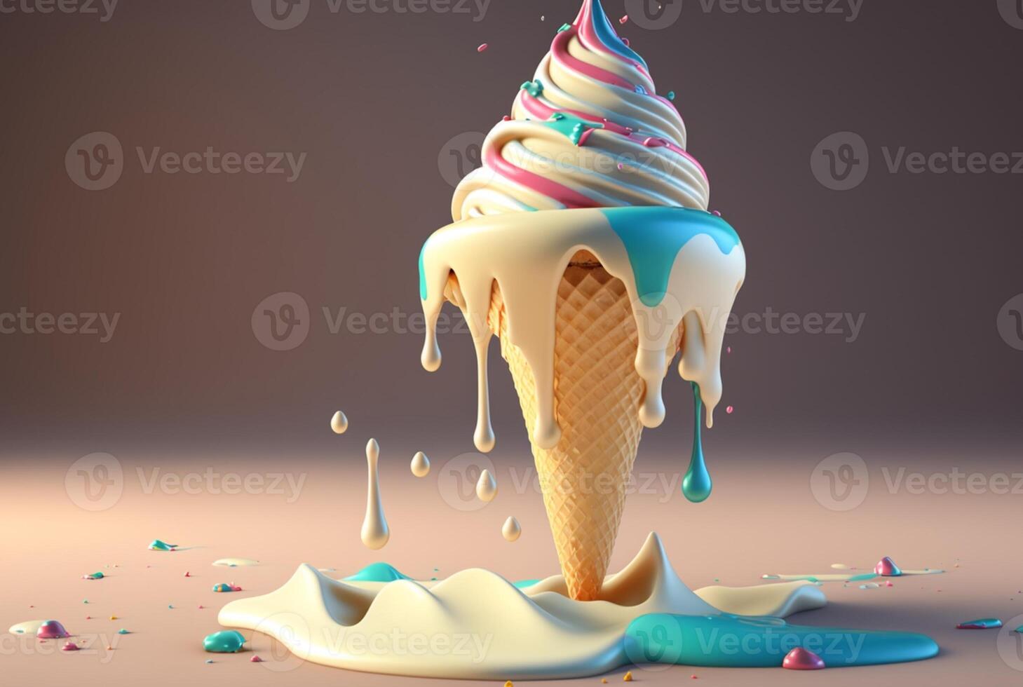 Colorful ice cream splashes, melting ice cream cone. . photo