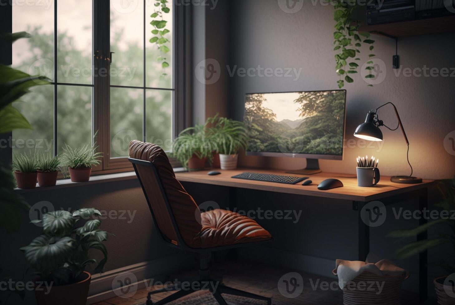 Cozy home office interior featuring furniture, houseplants and large windows to let in natural light. photo