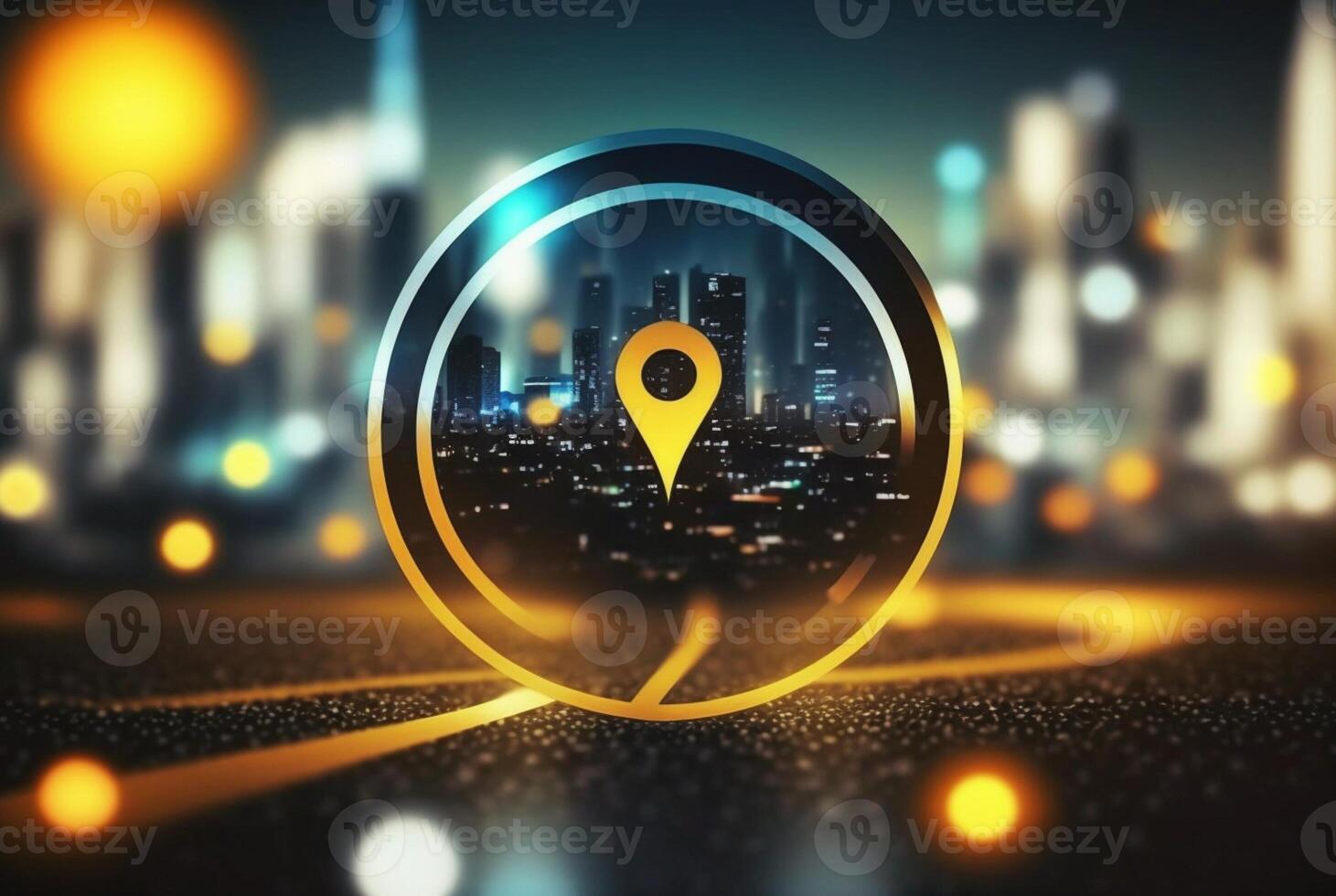 Travel and technology concept. Gps icon on bokeh city background. photo