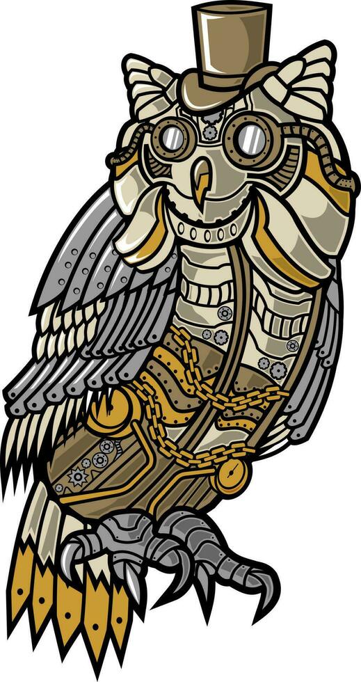 Steampunk Owl. Technology. Flat Cartoon Style Suitable for Landing Web Pages, Banners, Flyers, Stickers, Cards vector
