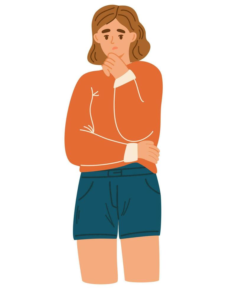 Pensive woman thinking about problems. Puzzled girl pondering, doubting. Concept of wondering or thinking, planning or pondering, study or work. Person character. Flat vector illustration.