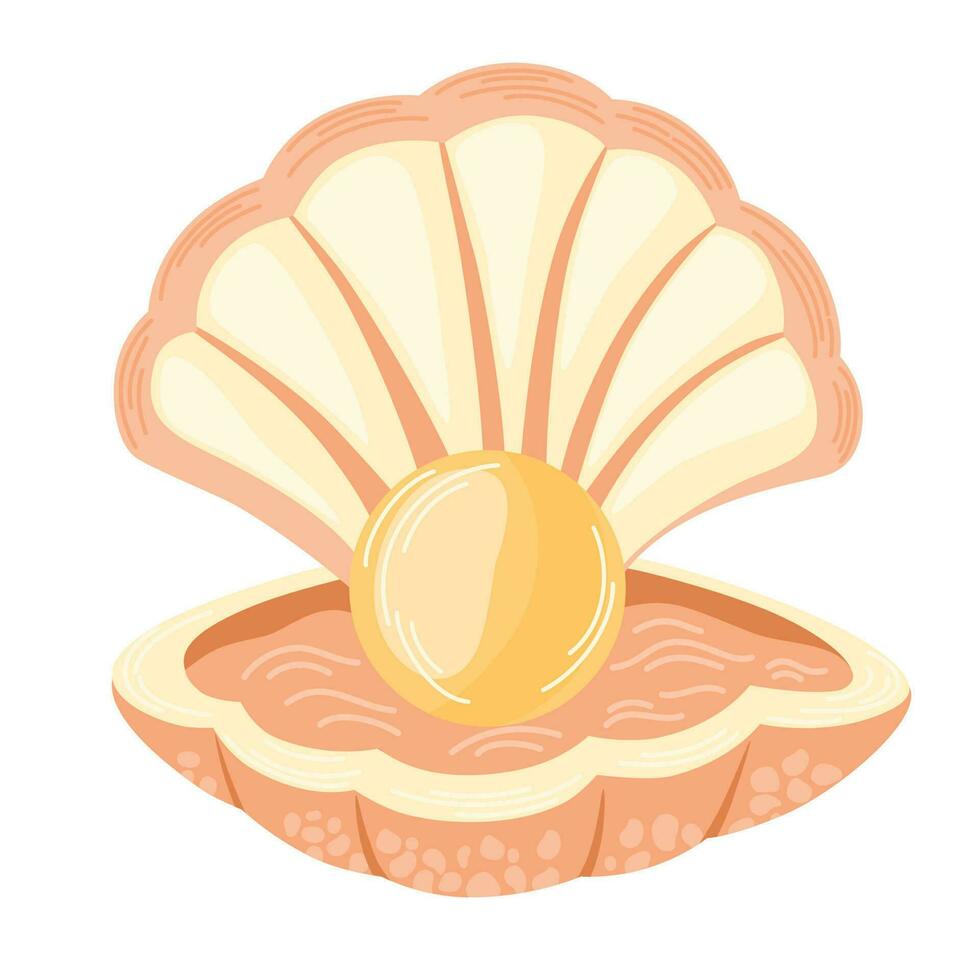 Clam shell with pearl. Sea Shell and ocean animals. Vector hand draw illustration isolated on the white background.