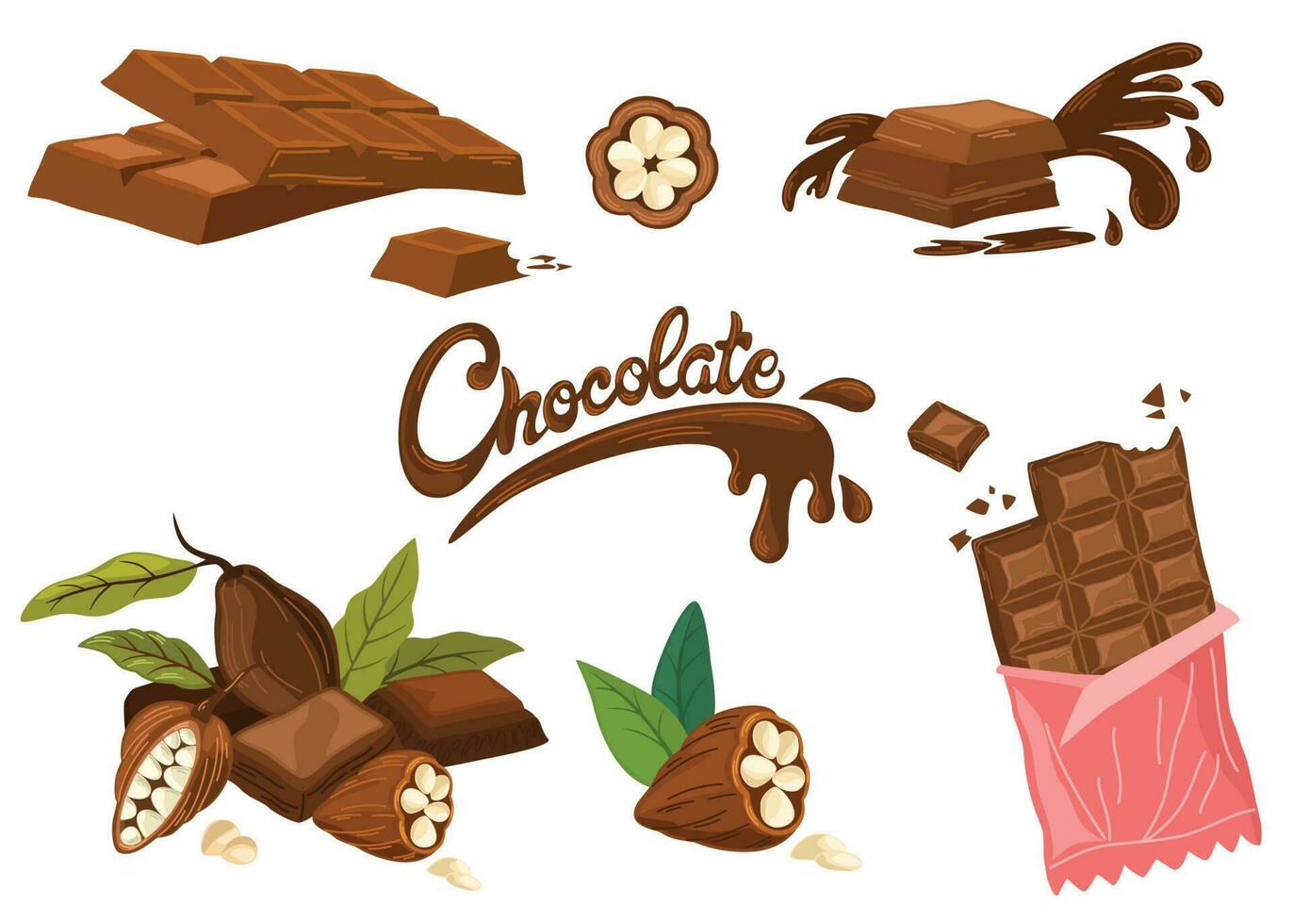 chocolate colocar. chocolate bar, escrito texto, cacao frijoles. mundo chocolate día. Perfecto para póster, tarjeta postal, etiqueta, pegatina, logo. vector ilustración aislado en blanco antecedentes.