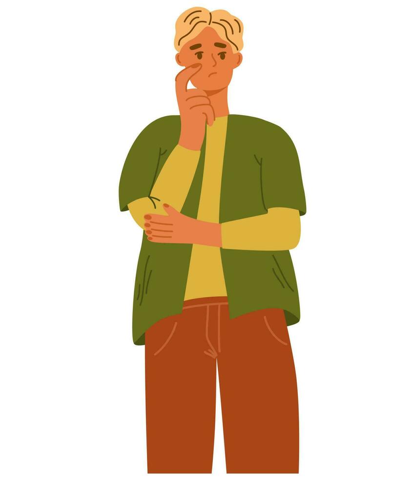 Young man thought Person character. Concept of thinking, decision, business problem solving, considered gesture. Flat vector illustration.