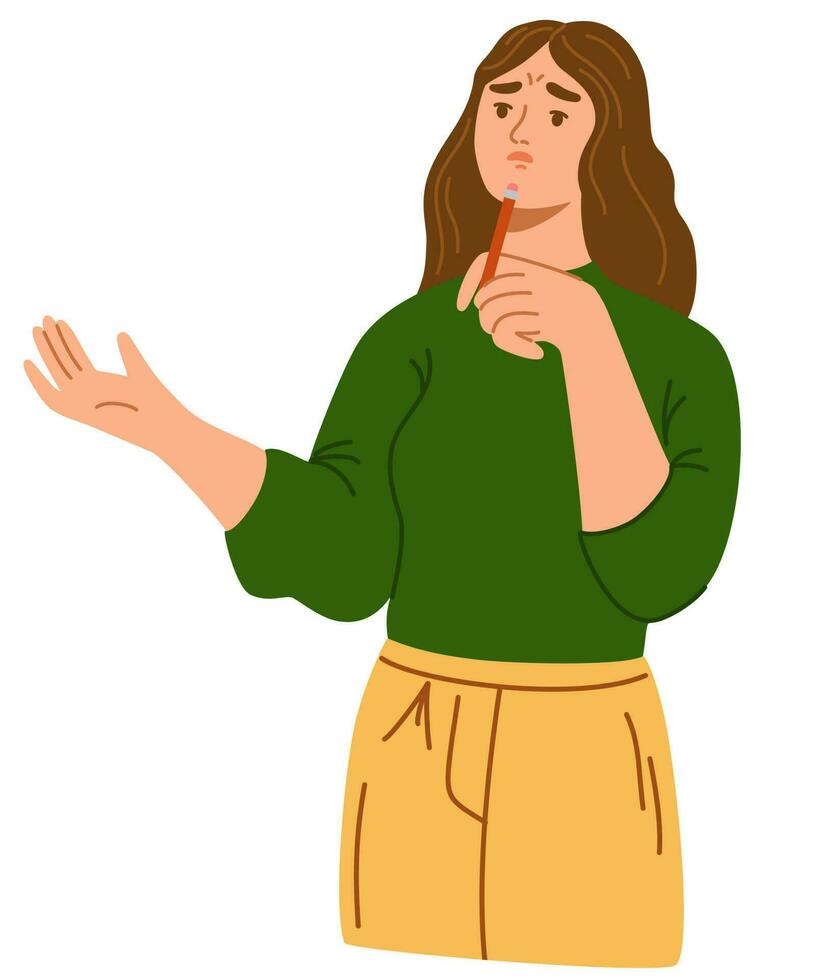 Young woman thinking. Concept of wondering or thinking, planning or pondering, study or work. Flat cartoon vector illustration