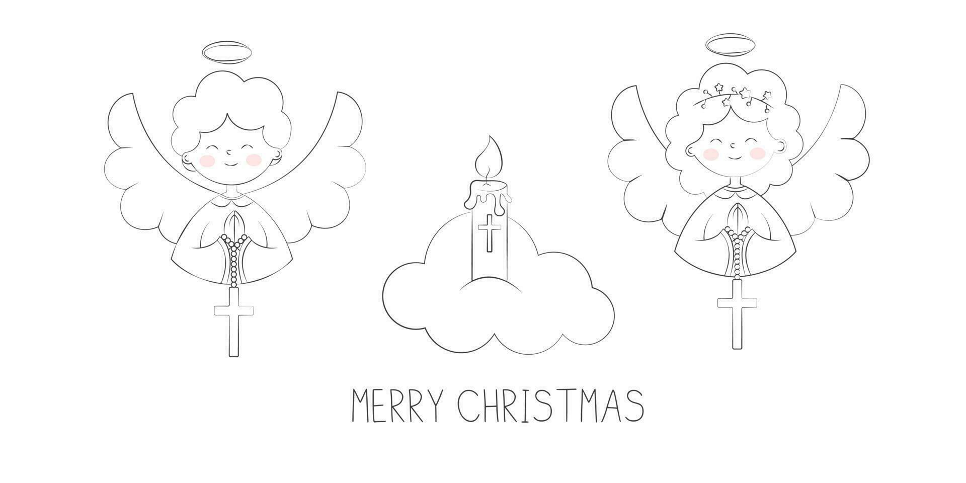 Cute Christmas Angels Boy and Girl Praying on Cloud Merry Christmas Greeting Vector Illustration in Doodle Style