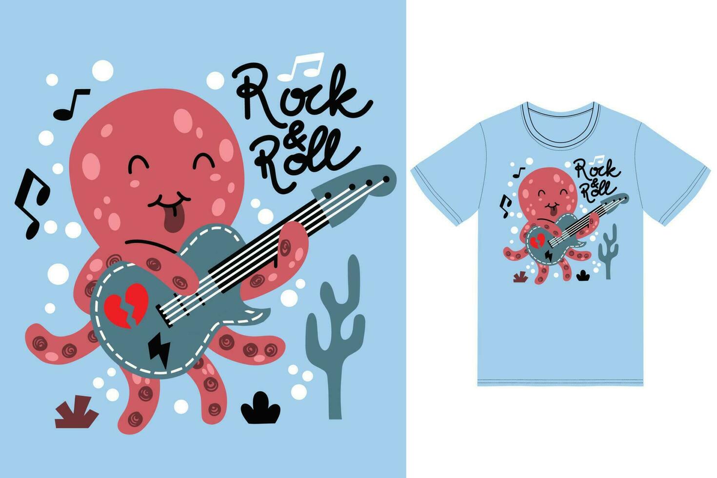 linda pulpo jugando guitarra ilustración con camiseta diseño prima vector