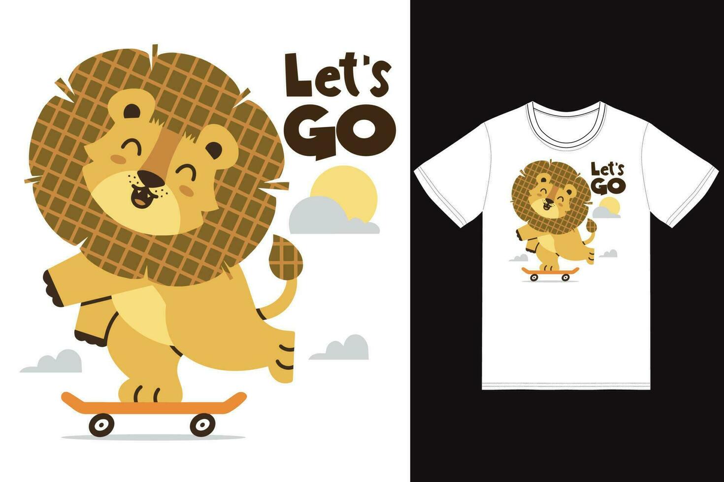 Cute lion playing skateboard illustration with tshirt design premium vector