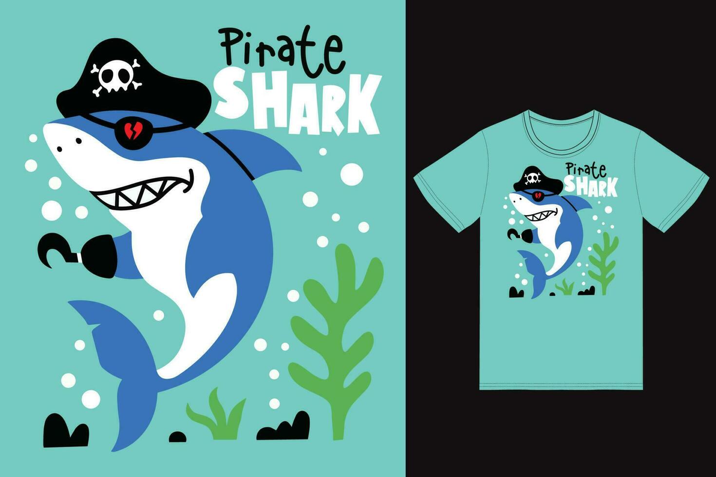 Cute pirate shark illustration with tshirt design premium vector