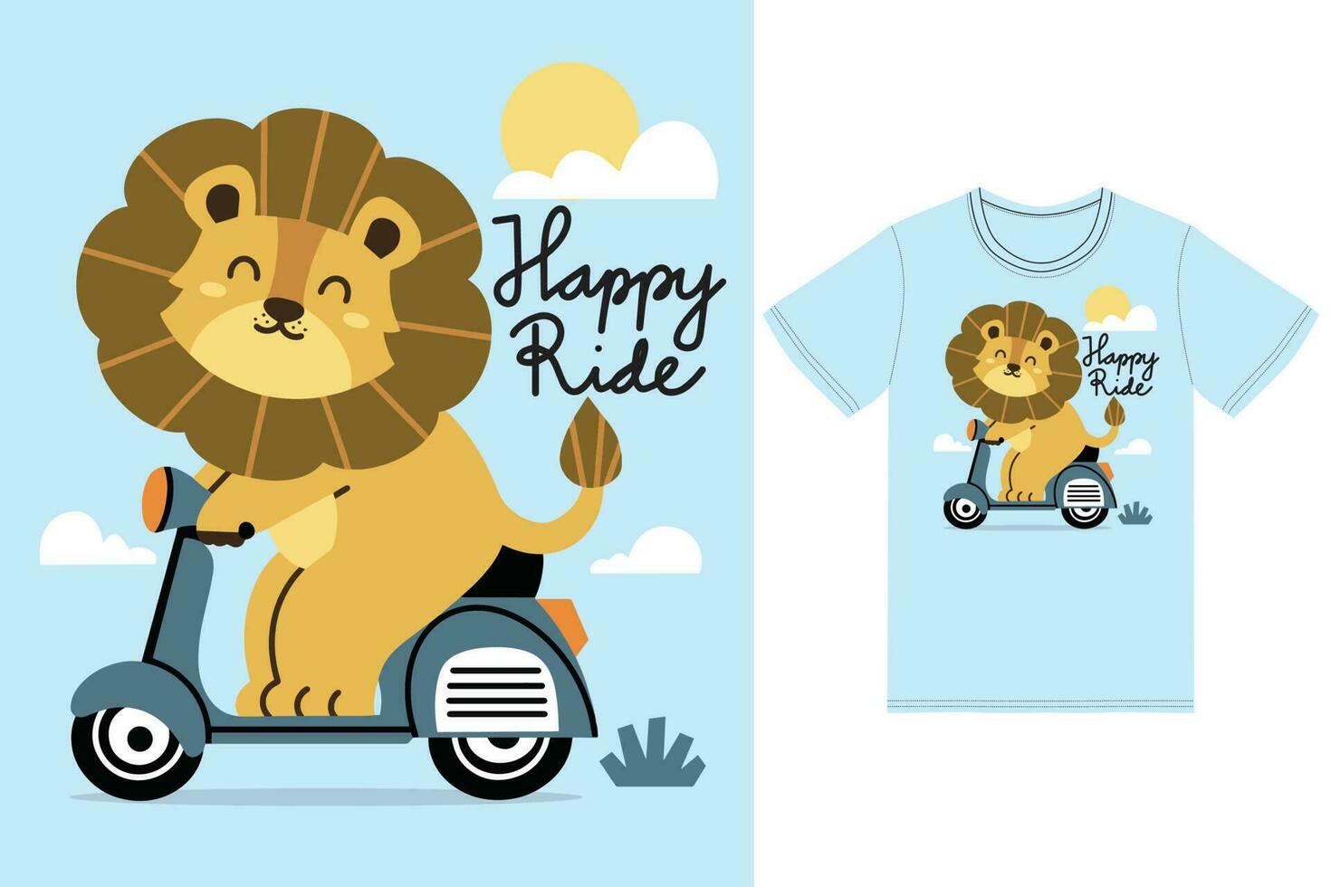 Cute lion reading scooter illustration with tshirt design premium vector