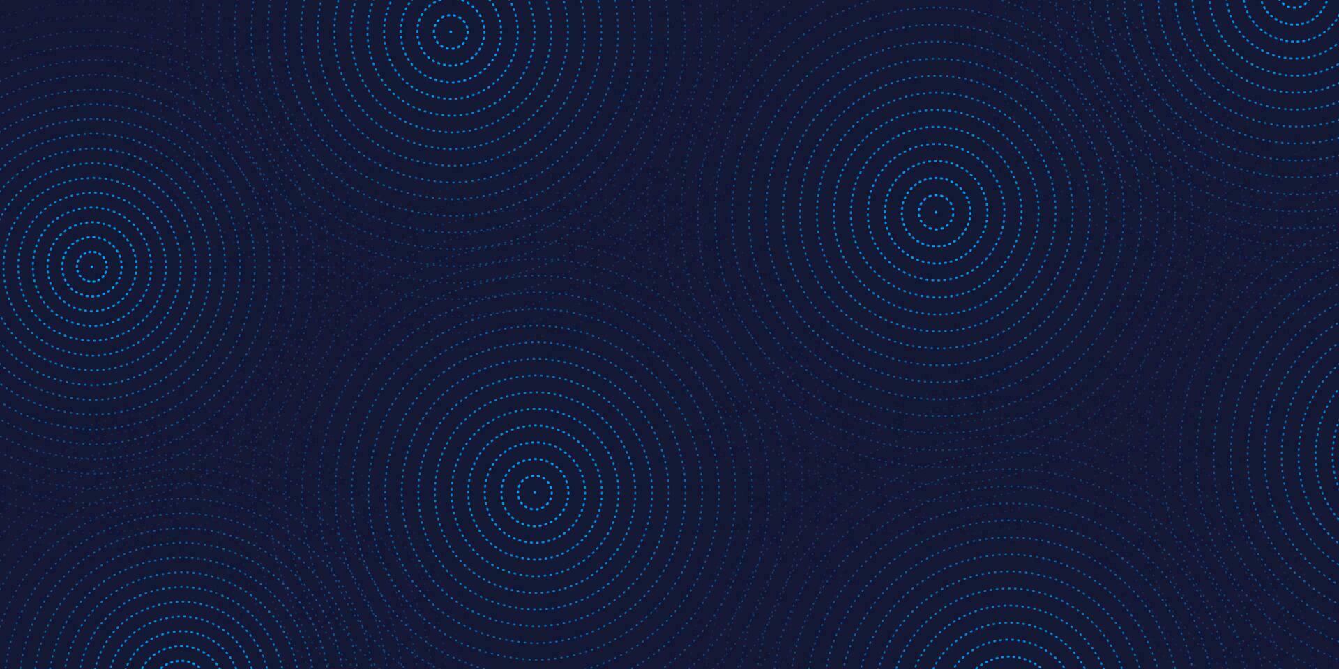 Abstract futuristic backdrop with blue neon halftone circles. Glowing lines circle. Hi-tech technology concept. Horizontal banner template. Vector illustration
