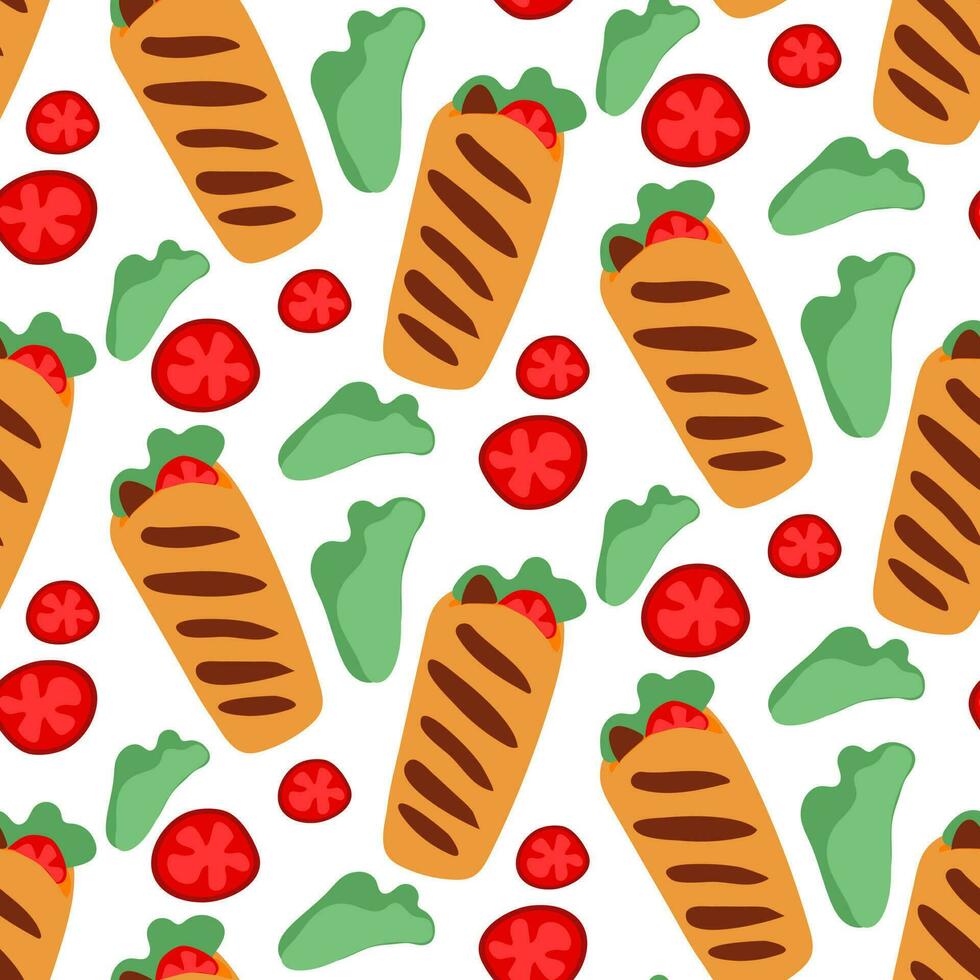 Pattern with shawarma in the Flat style. A simple illustration of kebab, shawarma, pita bread with meat and herbs. Seamless shawarma pattern, kebab hand-drawn in vector. Printing on textiles and paper vector