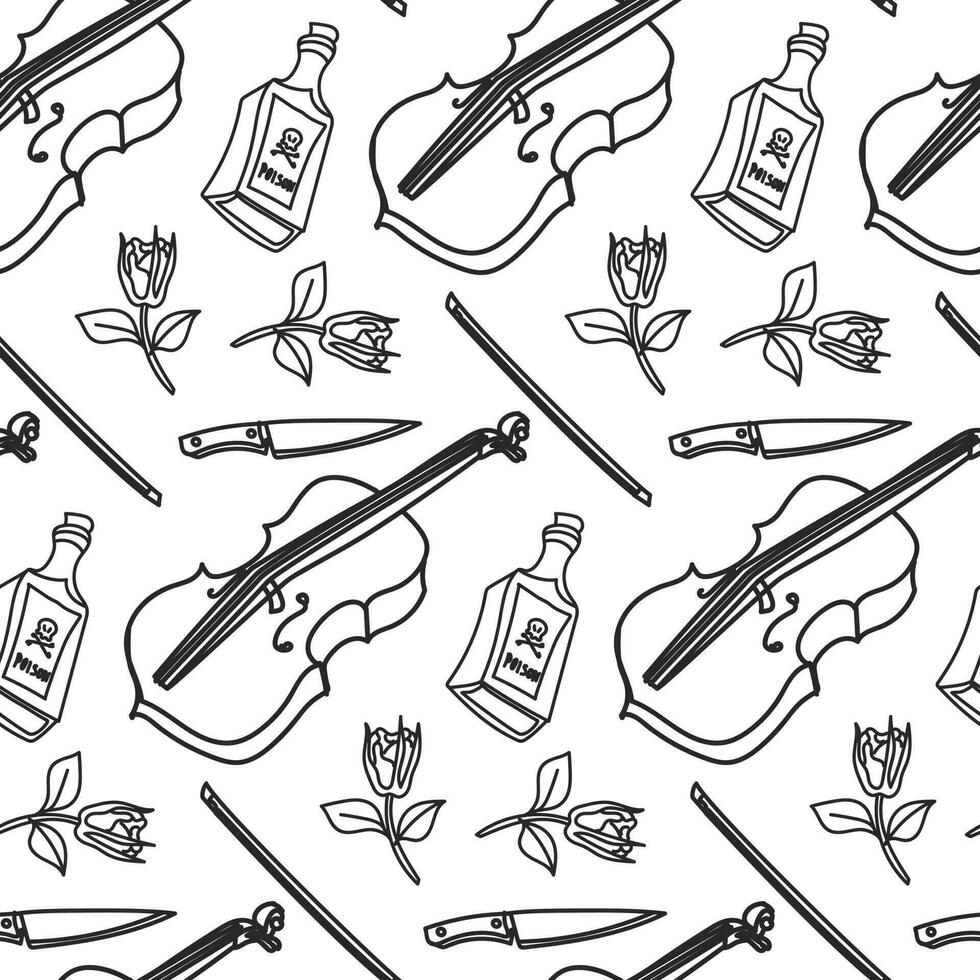 The pattern of the elements of the theme of the weekend in the contour style. Monochrome contoured cello, bow, knife, hand, poison, rose. Black and white background with Halloween elements. Print vector