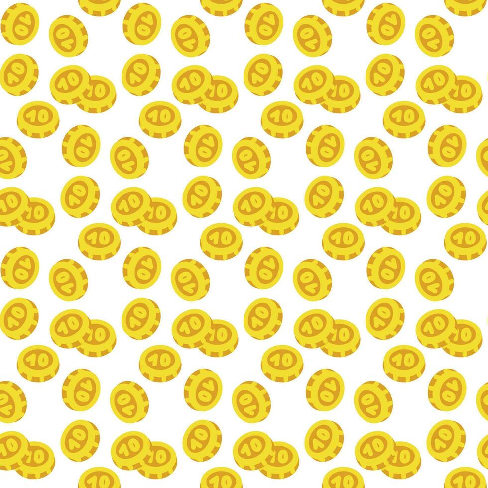 A pattern of cartoon abstract gold coins. A monetary rain of coins with the number ten falling from above in a flat style on a white background. Printing on textiles and paper vector