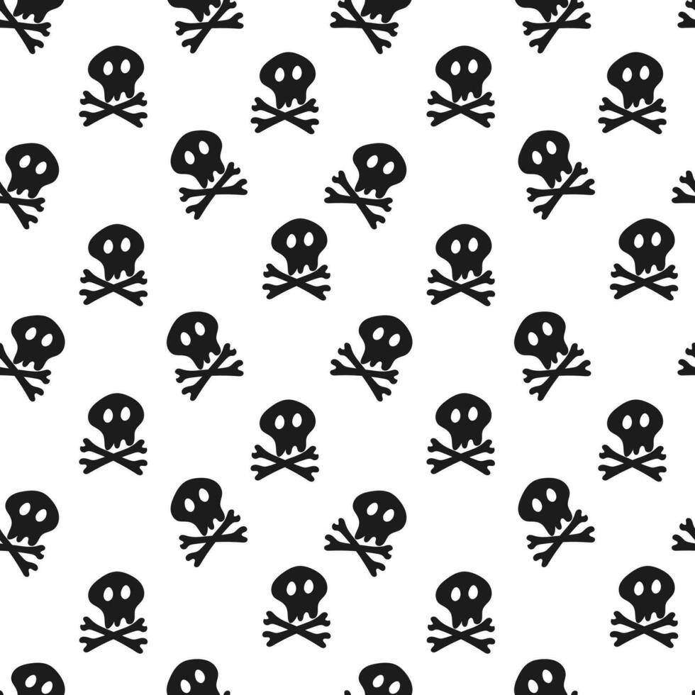 A pattern from a hand-drawn sketch of an astrakhan skull with crossed bones, black elements on a white background. The theme of the Wednesday is a pattern on a dress for black vector
