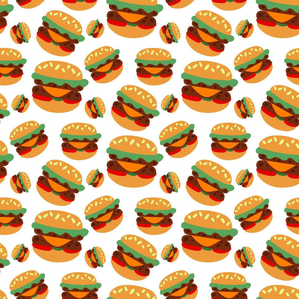 vector sin costura modelo con un hamburguesa. sencillo ilustración en Clásico colores y retro estilo. repetitivo comida en color. lata ser usado para textiles, sitio web fondo, libro cubrir, embalaje.