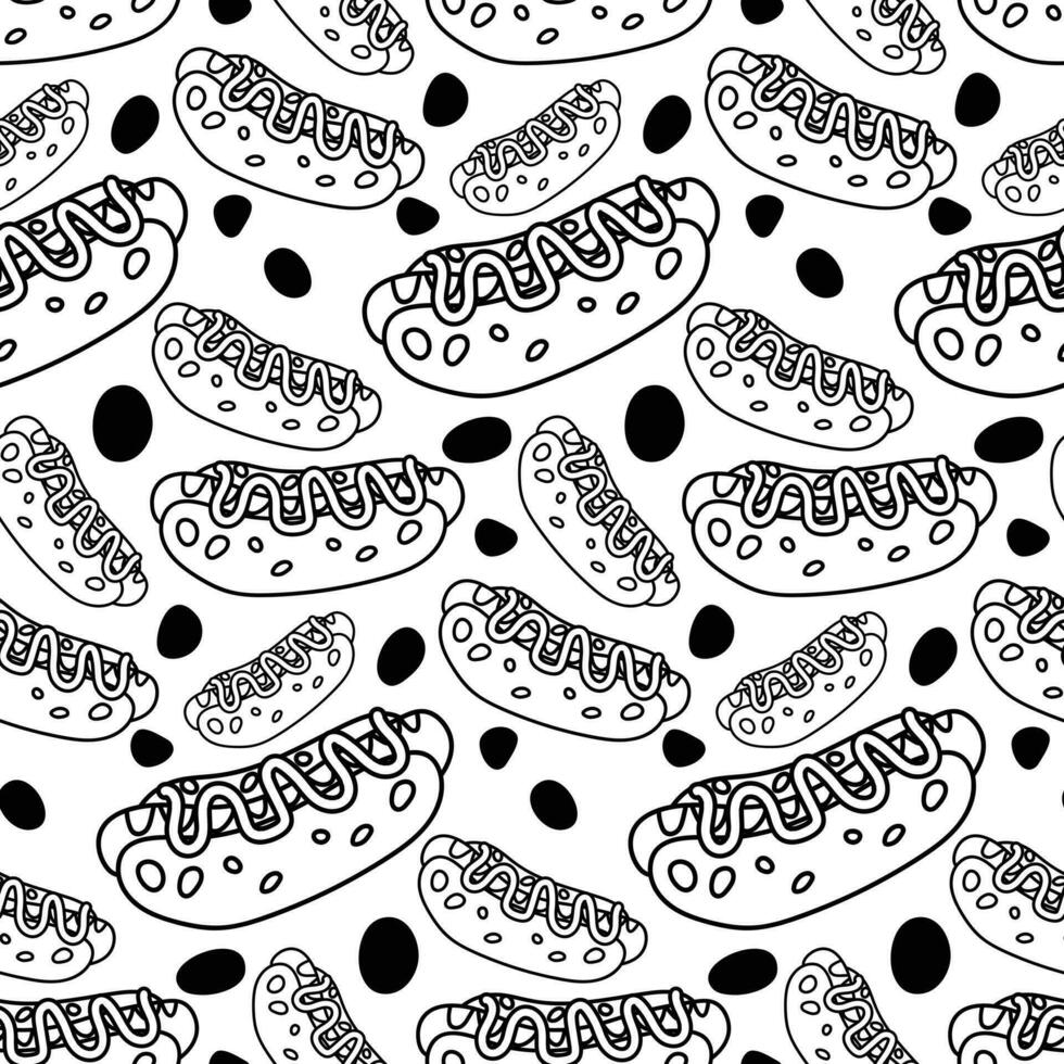 A pattern with hot dogs. Packaging for submission. The image of fast food. A bun with sausage and mustard. Monochrome drawing with hot dogs. Contour vector illustration. printing on textiles and paper