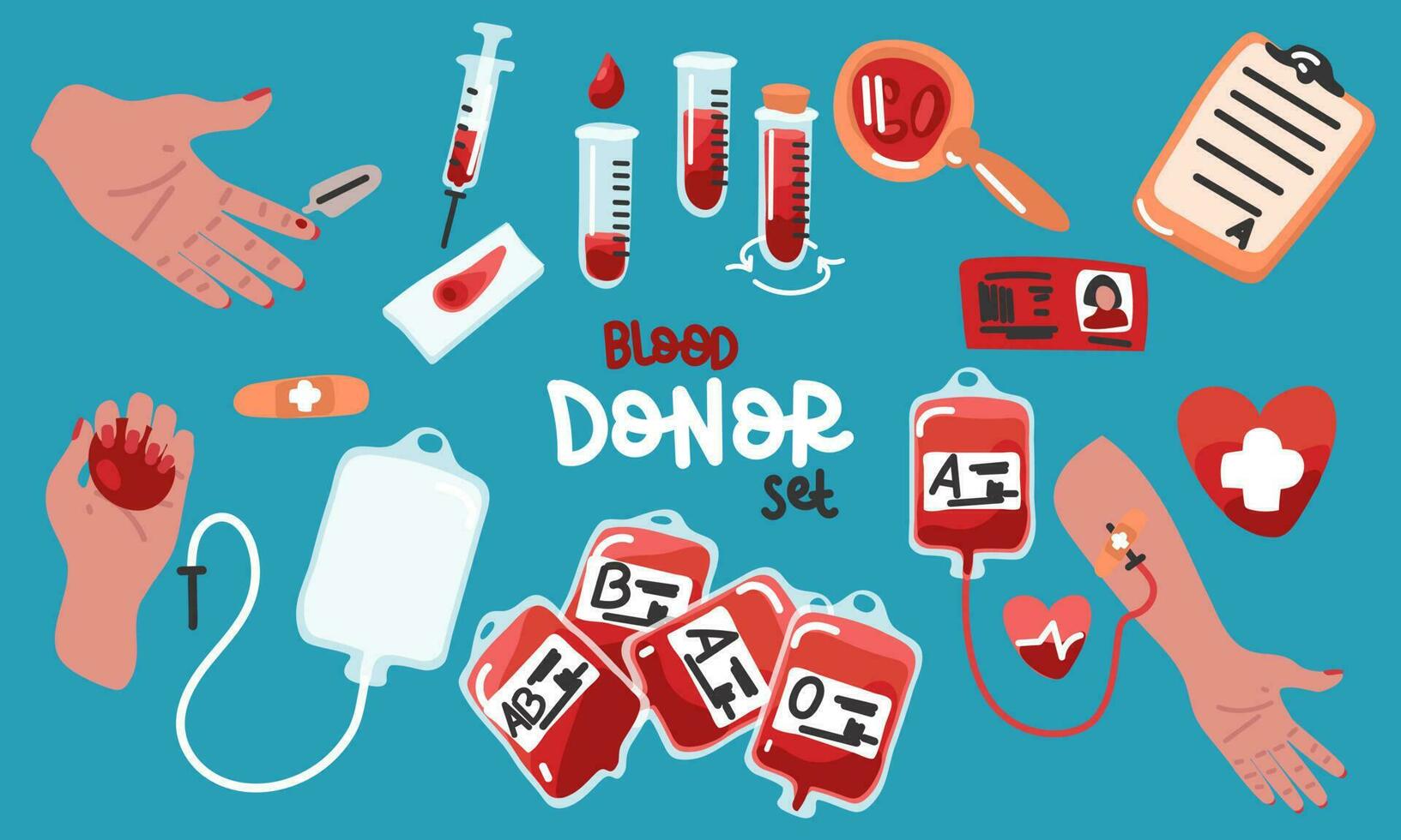 grande conjunto sangre donación, sangre transfusión vector. un conjunto de hematología iconos sangre donación, un cuidado de la salud concepto. mundo sangre donante día, médico sangre muestreo, sangre tipos en un azul antecedentes vector