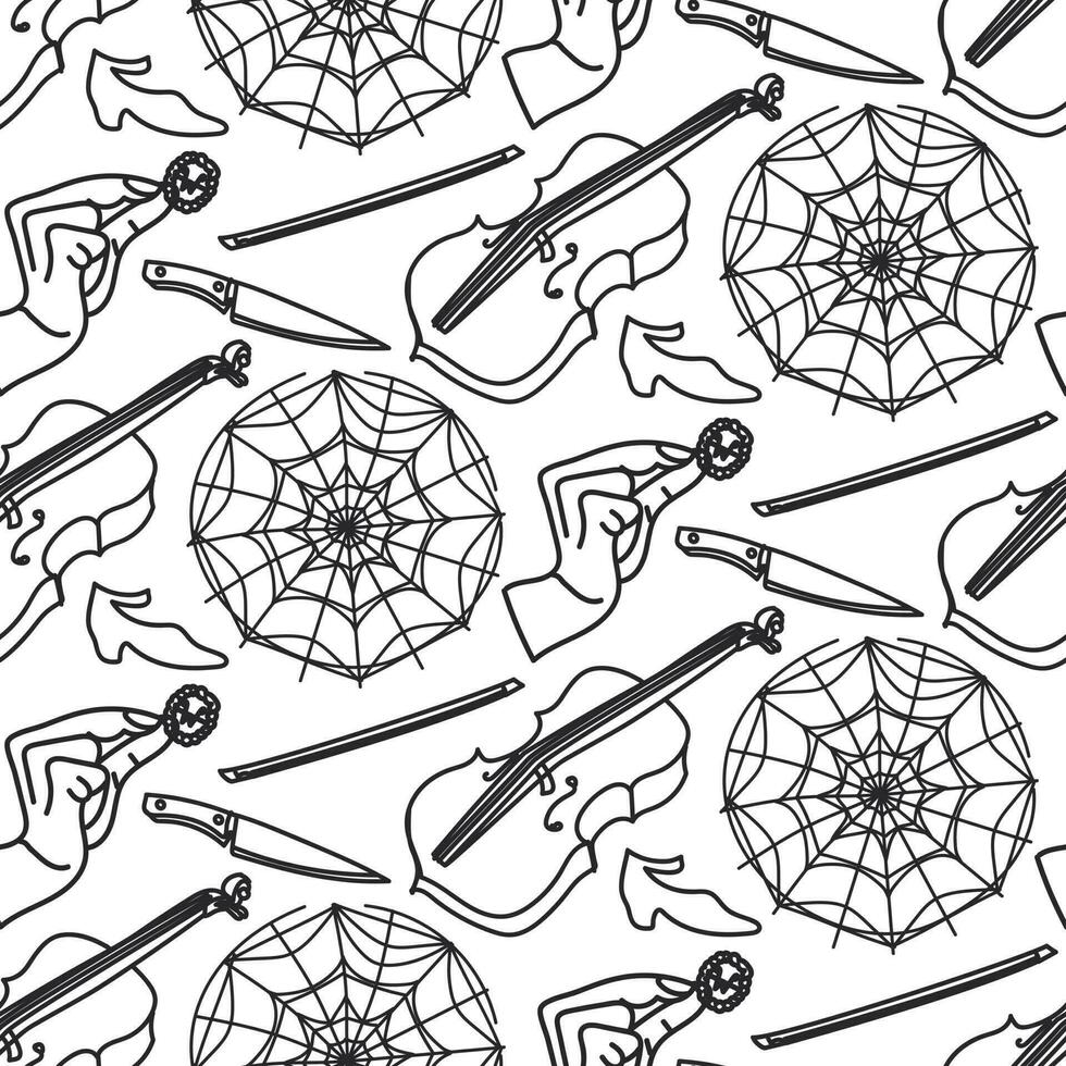 The pattern of the elements of the theme of the weekend in the contour style. Monochrome contoured cello, bow, knife, hand with brooch, shoe, web-window. Black and white background with Halloween vector