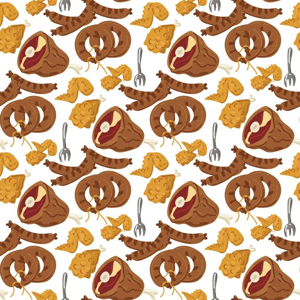 sin costura carne modelo. color antecedentes con seco carne, salchichas, empanizado pollo y tenedor. vector ilustración para el cocina con imágenes de carne productos para impresión en textiles y papel