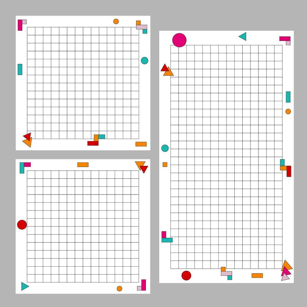 Blank paper notes for printing. Vector illustration of the colorful template planner, memo, sticky note and reminder. Template for message. Checkered note paper sheets.