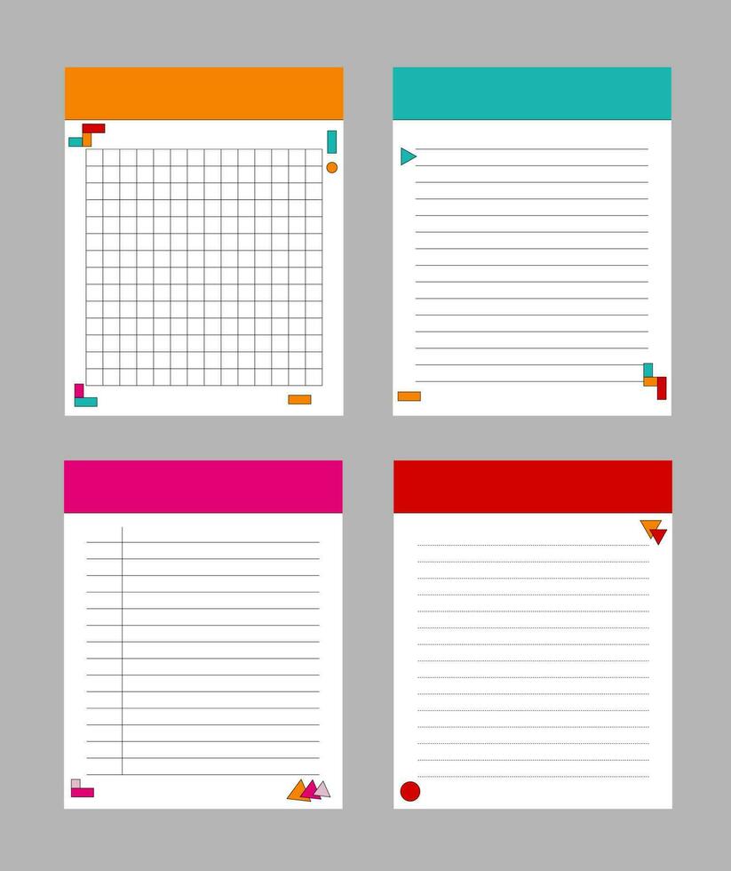 Notes paper sheet. Printable memo template. Vector illustration of the colorful notepad template planner, memo, sticky note and reminder.