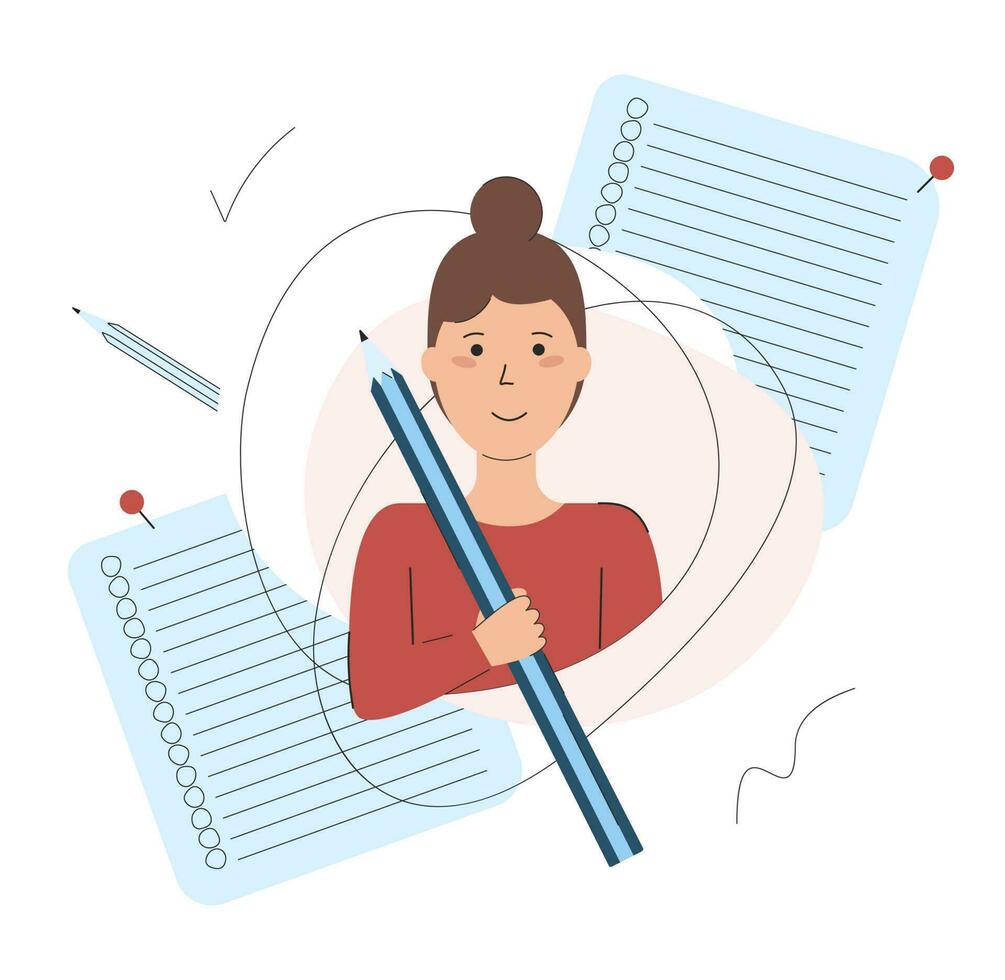 Flat character with a large pencil. Student girl with pencil in hand. Back to school. Vector illustration