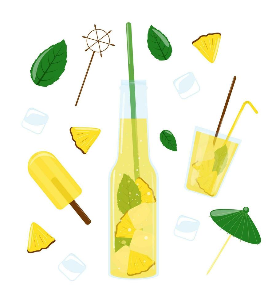 Glass bottle with pineapple juice, ice cream, cocktail, mint, ice, straws. Summer lemonade with ice. Soft drink. Set of cute vector stickers for diary, scrapbooking, notes, design.