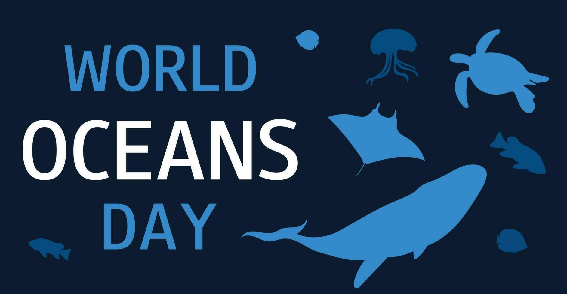 World ocean day. June 8. Save the ocean concept design. Horizontal banner with sea life. Flat vector illustration.