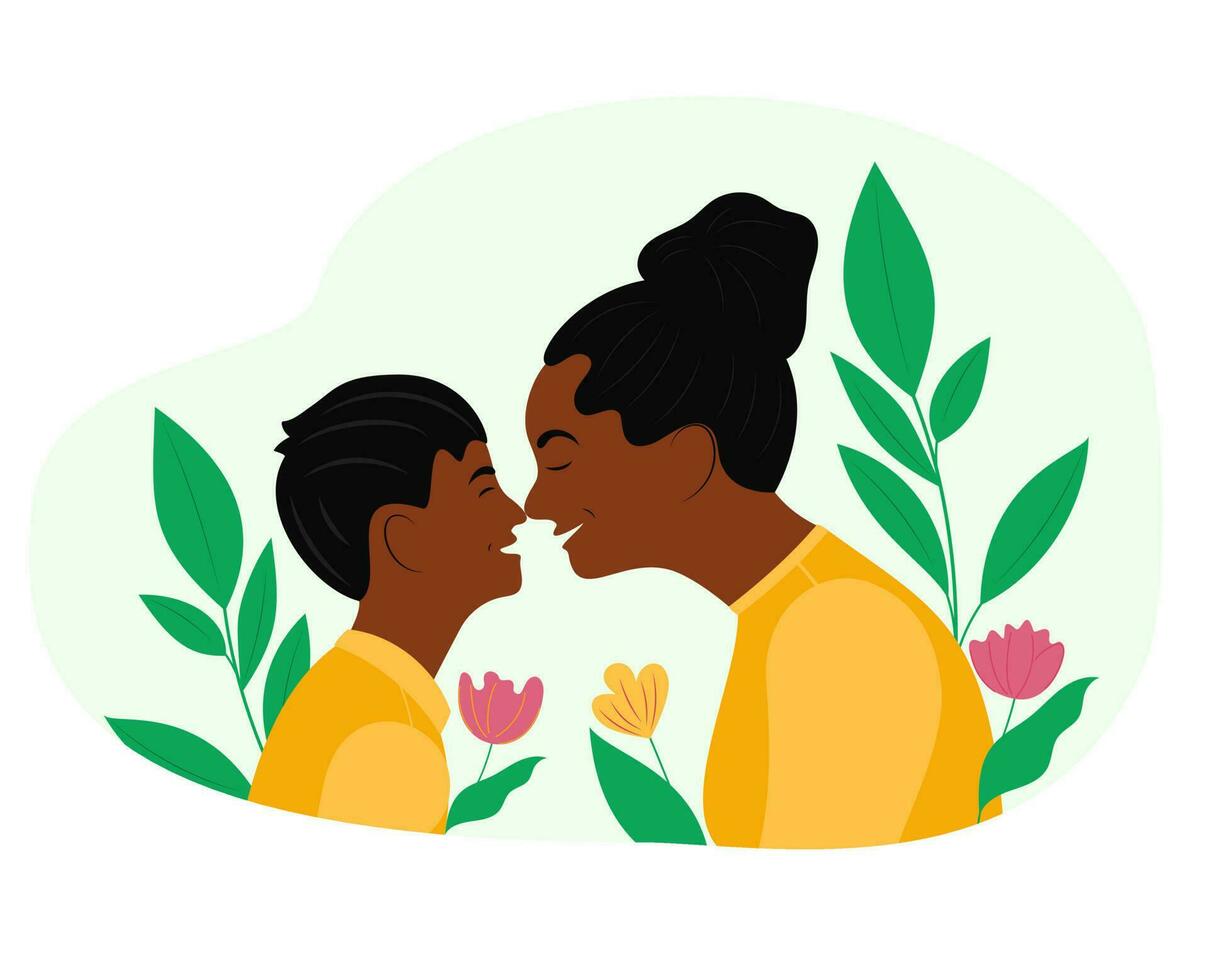 Mother and son. Mothers Day. National Sons Day. Family day. Parent and child vector illustration.