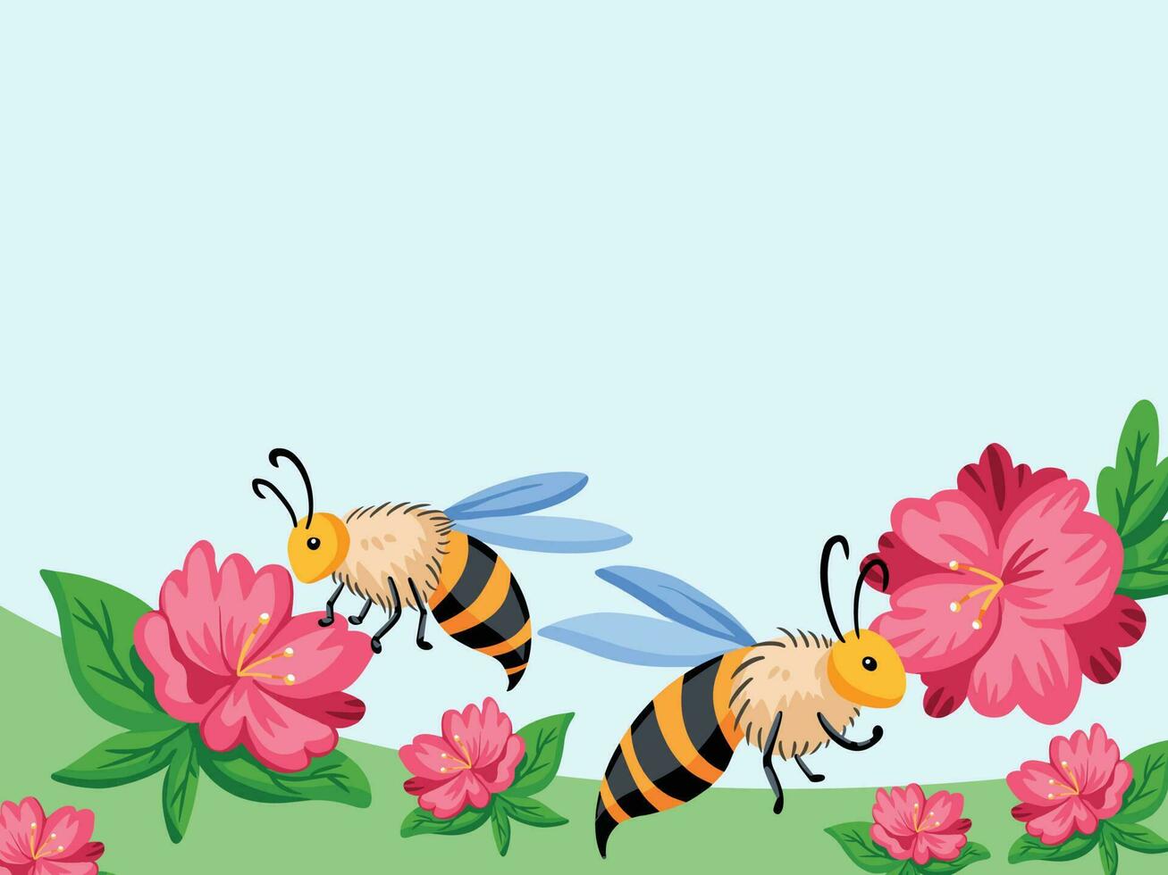 Nature themed vector illustrative background with bees and flowers decorations isolated on sky blue horizontal landscape wallpaper. Empty copy space vector backdrop for social media post or poster.