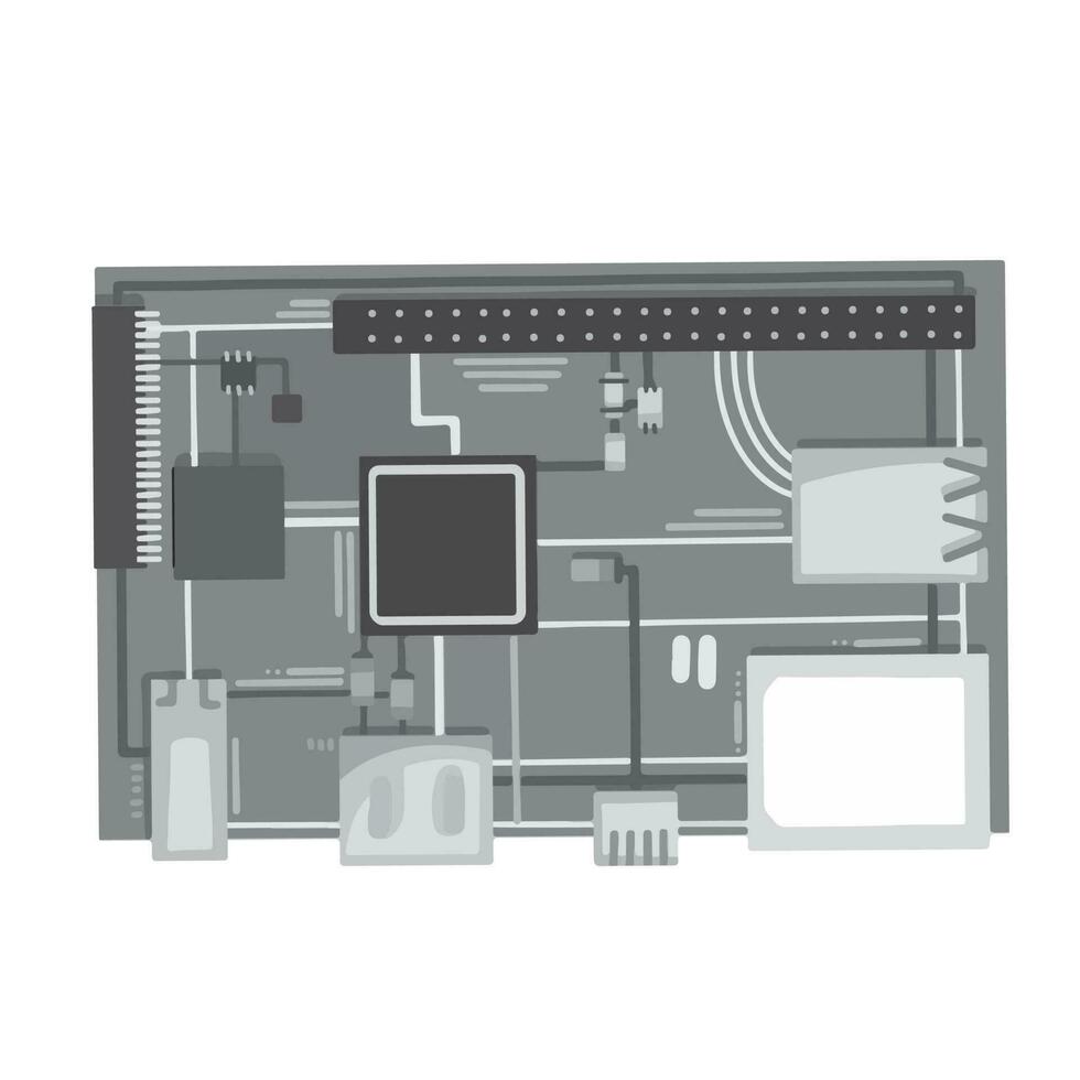 Grayscale circuit foundation board vector illustration isolated on square white background. Monochrome shades of gray simple and flat styled drawing.