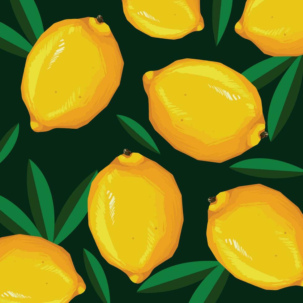 Yellow lemons fruits and green leaves pattern vector illustrative background isolated on dark square wallpaper template. Natural food themed backdrop for poster, textile prints, social media post.