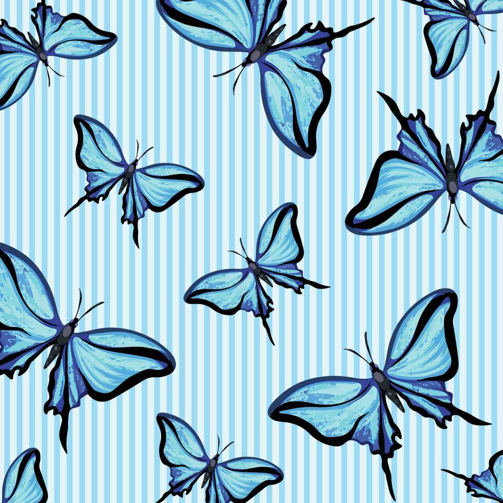 azul mariposa vector ilustración modelo aislado en ligero azul rayas línea cuadrado antecedentes modelo. elegante fondo de pantalla fondo para social medios de comunicación correo, bufanda o textil huellas dactilares, envase papel.