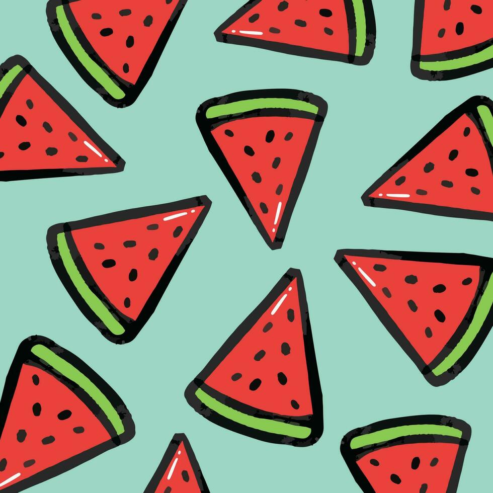 Sliced red fresh triangle watermelons fruit pattern illustration isolated on square vector background. Simple flat art styled healthy food drawing for poster, wrapping paper, prints.