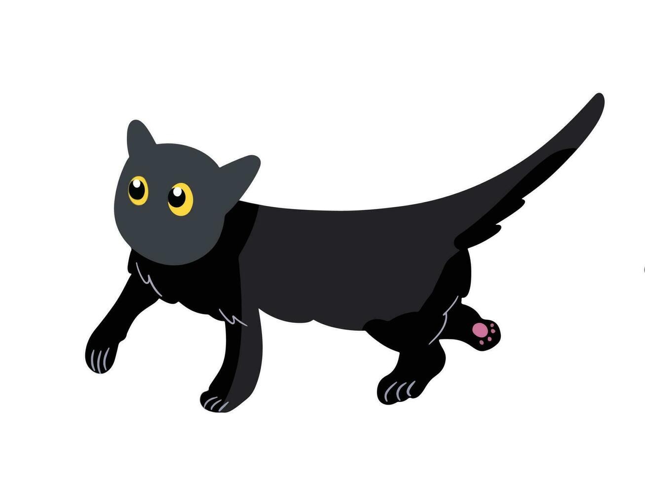 Cute walking black cat with yellow eyes vector illustration isolated on horizontal white background. Simple and flat art styled drawing. Kawaii pet or animal illustration.